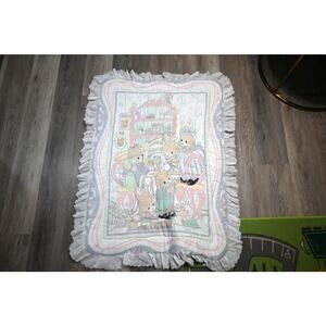 Vintage Baby Crib Quilt Bunny Rabbits Pastel Nursery Blanket Lace Ruffle